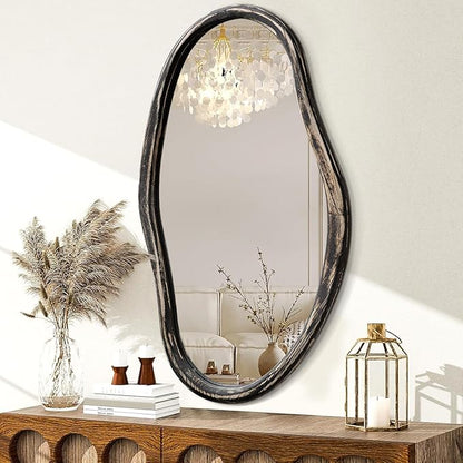 JJUUYOU Asymmetrical Wall Mirror Irregular Mirrors for Wall Modern Wood Frame Unique Vanity Mirror Shaped Dressing Mirrors Decor for Living Room Bathroom Bedroom Entryway Large 30"x18"