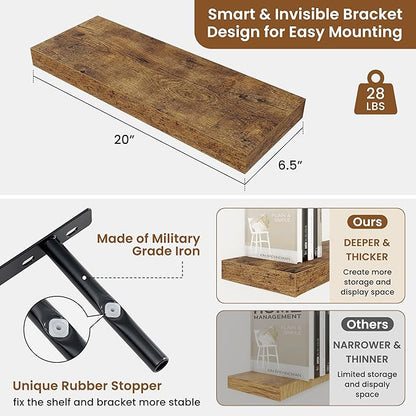 fuqing Floating Shelves for Wall, Wall Mounted Wood Floating Shelf with Invisible Brackets for Living Room, Bathroom, Bedroom, Kitchen Storage and Decor, 20 Inch Set of 2, Rustic Brown