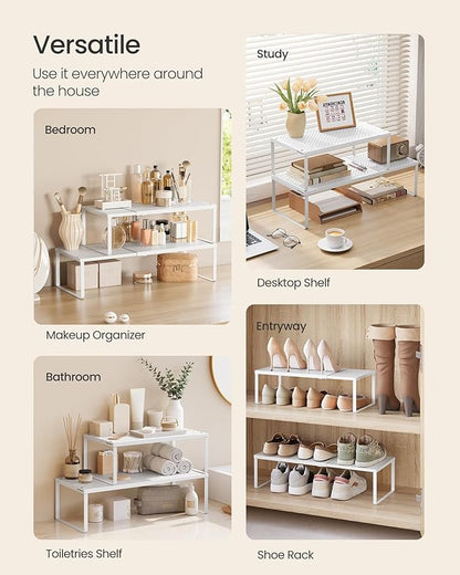 SONGMICS Spice Racks, Set of 4 Expandable Kitchen Countertop Shelves, Small Cupboard Organizers, Metal, Space-Saving Tabletop Shelves, Matte White UKCS404WC01