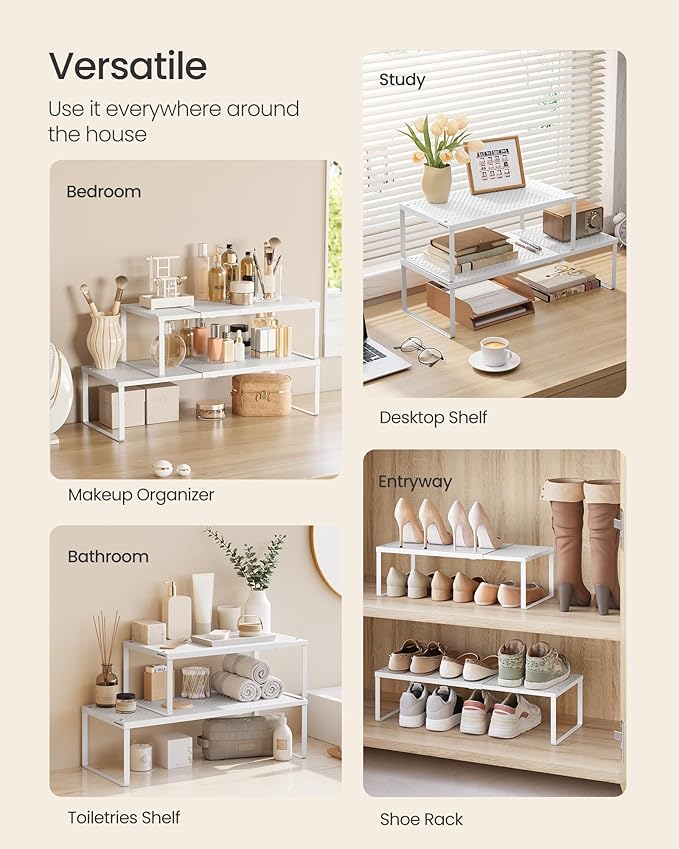 SONGMICS Spice Racks, Set of 3 Expandable Kitchen Countertop Shelves, Small Cupboard Organizers, Metal, Space-Saving Tabletop Shelves, Matte White UKCS403WC01