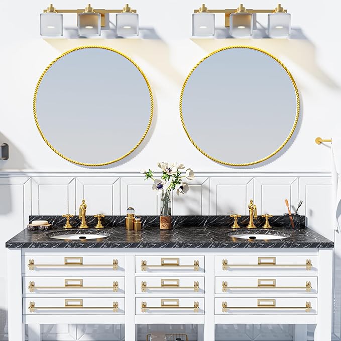 PROHOMEWARE Gold Round Bathroom Mirrors, 28 inch Circle Wall Mounted Hanging Mirror for Entryway, Living Room, Hallway, Bathroom, Bedroom