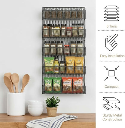 Spice Rack Organizer - Space-Saving Wall-Mount 5-Tier Wire Shelves for Pantry or Cabinets - Kitchen Organization and Storage by Home-Complete (Black)