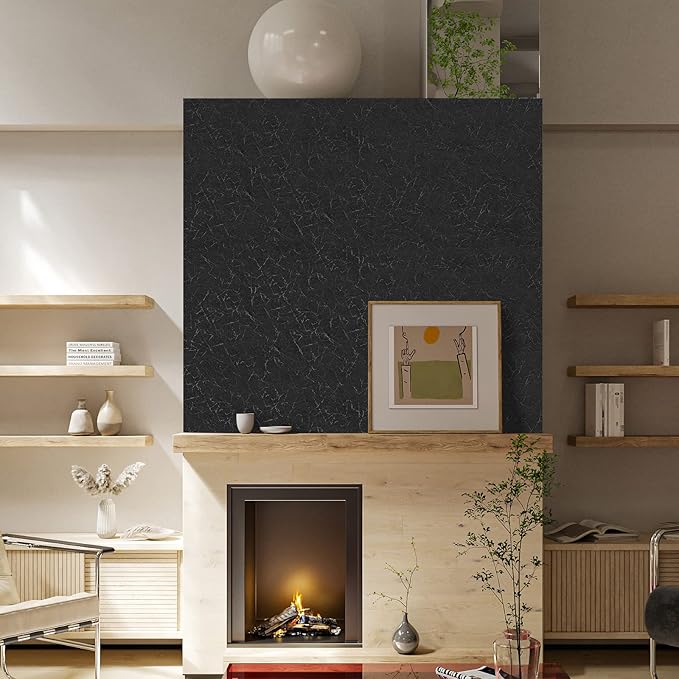 Cohoo Home Black Silk Peel and Stick Wallpaper for Bedroom Solid Black Textured Contact Paper for Cabinets and Drawers Self Adhesive Removable Wallpaper for Bathroom Embossed Waterproof 15.7inW 197inL