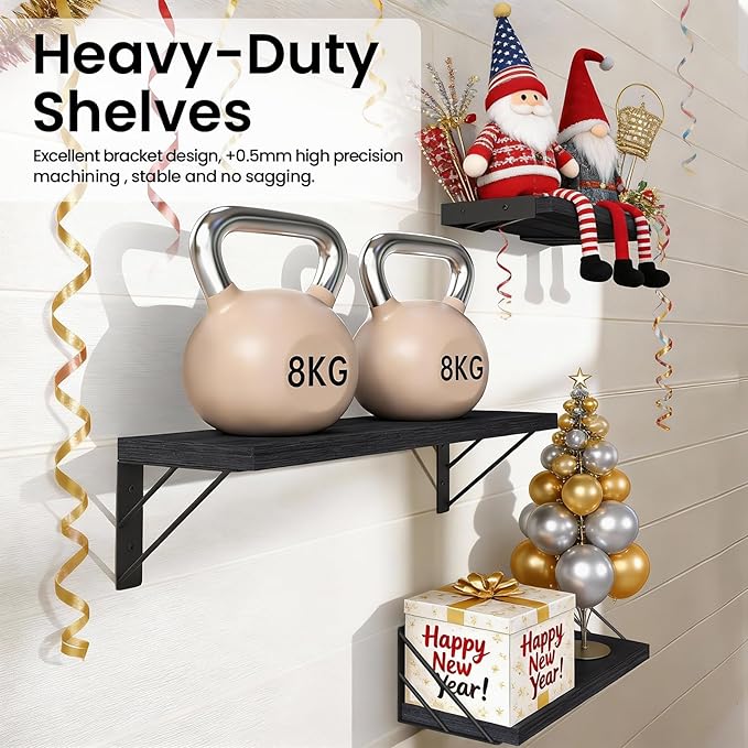 BAYKA Wall Mounted Floating Shelves, Wood Floating Wall Shelf for Books & Decor, Small Space-Saving Display & Organizer（Black，Set of 4）