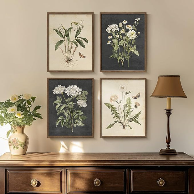 Framed Botanical Wall Art, 4 Piece Vintage Farmhouse Floral Canvas Painting Prints Artwork for Bathroom Walls, Rustic Flower Butterfly Pictures for Kitchen Bedroom Hallway Home Decor, 8x10 Inch
