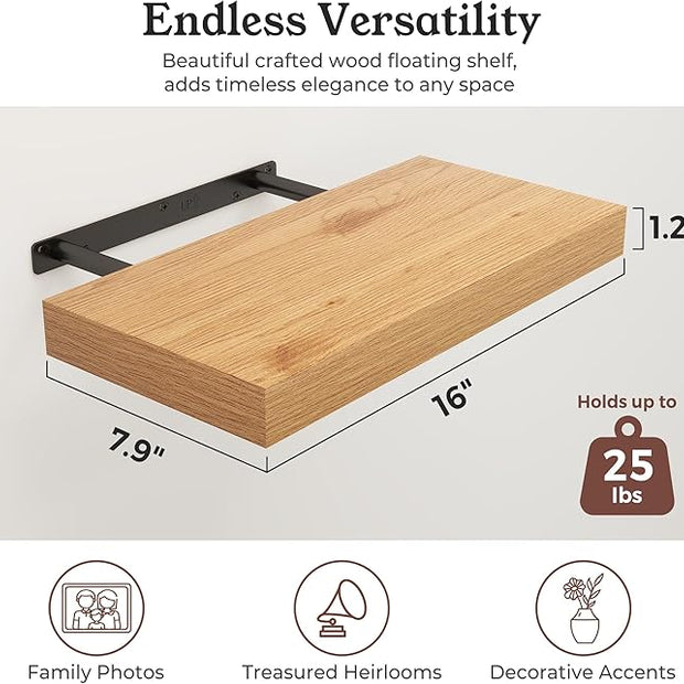 Floating Shelves for Wall, 7.9" Deep Wall Mounted Wood Shelves for Bathroom, Bedroom, Living Room, Kitchen, Hanging Shelf for Books/Storage/Room Decor (Oak, 16")