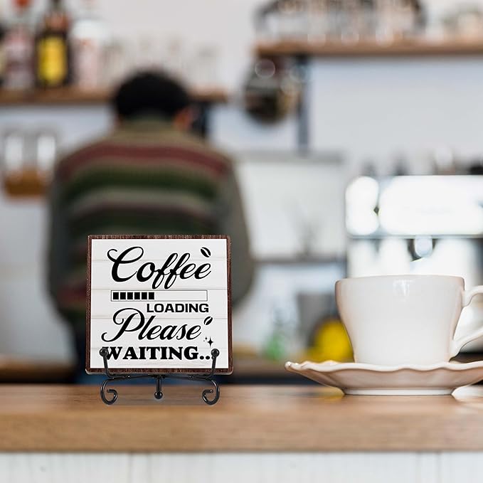 Coffee Bar Decor, Farmhouse Kitchen Table Decor, Coffee Station Accessories, Wooden Decorative Sign with Iron Stand for Table Desk Shelf Display-E32