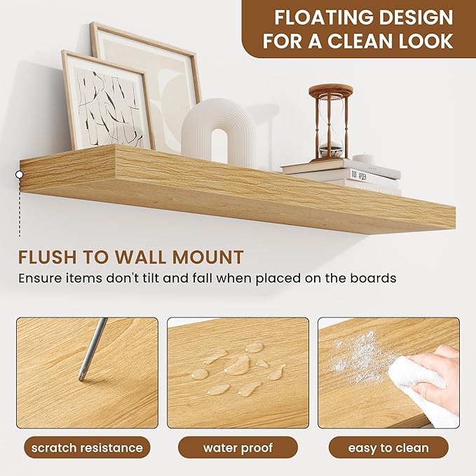 fuqing Floating Shelves for Wall, Wall Mounted Wood Floating Shelf with Invisible Brackets for Living Room, Bathroom, Bedroom, Kitchen Storage and Decor, 36 Inch Set of 2, Oak