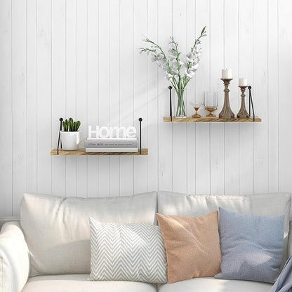 Sapowerntus Floating Shelves Wall Mounted Shelf Rustic Light Wood Bathroom Bedroom Kitchen Hanging Storage Organizer with Triangle Metal Brackets Farmhouse Living Room Office Home Decor Set of 2