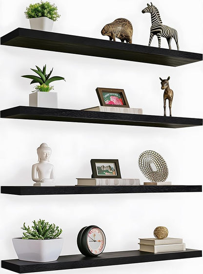 PHPH 36 Inch Wood Floating Shelves for Wall, Wooden Wall Shelves for Bedroom, Set of 4 Black