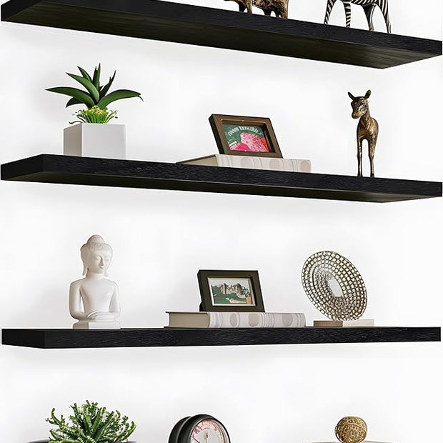 PHPH 36 Inch Wood Floating Shelves for Wall, Wooden Wall Shelves for Bedroom, Set of 4 Black