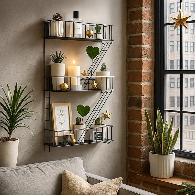 Fire Escape Wall Shelf - New York Decorative Floating Shelf - Wall Art Ladder Shelf - Black Metal Trinket Shelves for Bedroom, Home, Office, Storage and Display (3-Tier)