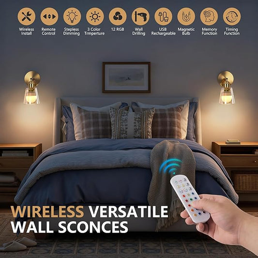 Vintage Battery Operated Wall Sconce with Amber Minimalist Glass Lampshade Rechargeable Battery Powered Wall Light with Remote Control for Bedside Bedroom Bathroom, Set of 1