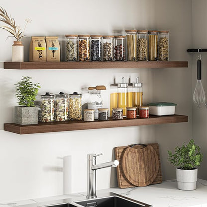 Floating Shelves for Wall, 55"W x 9.3"D x 1.5"H, Long Wooden Wall Mounted Display Shelves with Invisible Brackets for Living Room, Bedroom, Bathroom, Kitchen Decor and Storage, Set of 2, Walnut