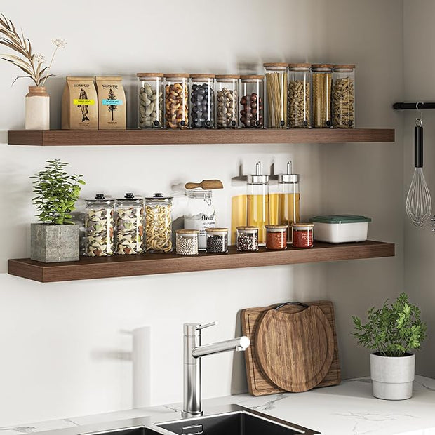 Floating Shelves for Wall, 55"W x 9.3"D x 1.5"H, Long Wooden Wall Mounted Display Shelves with Invisible Brackets for Living Room, Bedroom, Bathroom, Kitchen Decor and Storage, Set of 2, Walnut