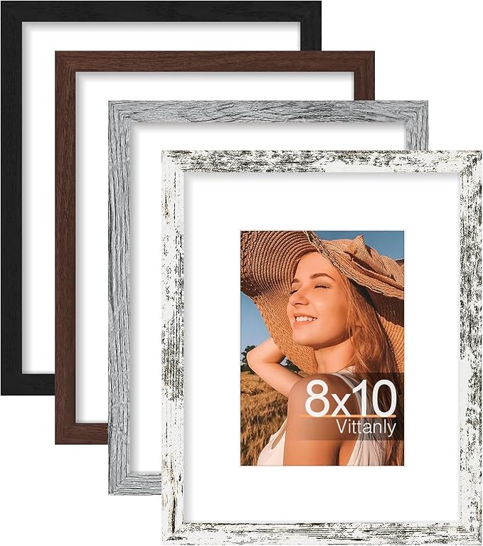 Vittanly 8x10 Picture Frame Set of 4, Display Pictures 5x7 with Mat or 8x10 without Mat, Engineered Wood with Shatter Resistant Plexiglass, Photo Frames for Wall or Tabletop Display, Mixed Colors