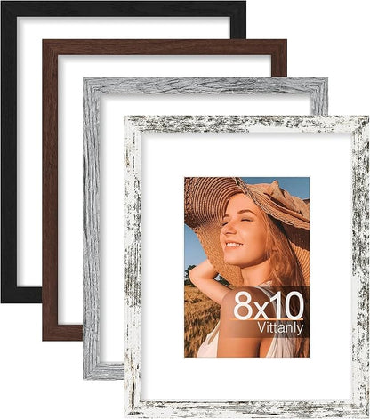 Vittanly 8x10 Picture Frame Set of 4, Display Pictures 5x7 with Mat or 8x10 without Mat, Engineered Wood with Shatter Resistant Plexiglass, Photo Frames for Wall or Tabletop Display, Mixed Colors