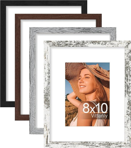 Vittanly 8x10 Picture Frame Set of 4, Display Pictures 5x7 with Mat or 8x10 without Mat, Engineered Wood with Shatter Resistant Plexiglass, Photo Frames for Wall or Tabletop Display, Mixed Colors