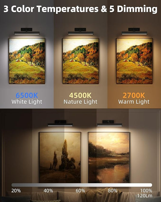 EZVALO 13-Inch Wireless Picture Light, 4000mAh Rechargeable Battery LED Art Light with Remote, Dimmable 3 Color Temps Painting Light for Living Room, Bedroom, Hallway (Black)