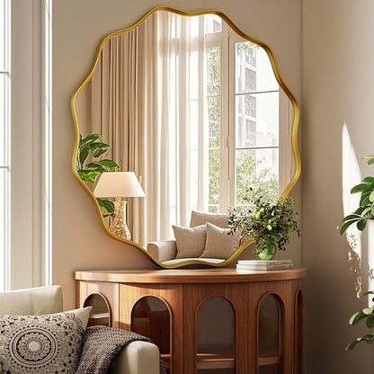 Round Wavy Mirror - 30 Inch Bathroom Vanity Mirror Metal Frame Circle Wall Mounted Mirror for Bedroom Living Room Entryway, Gold