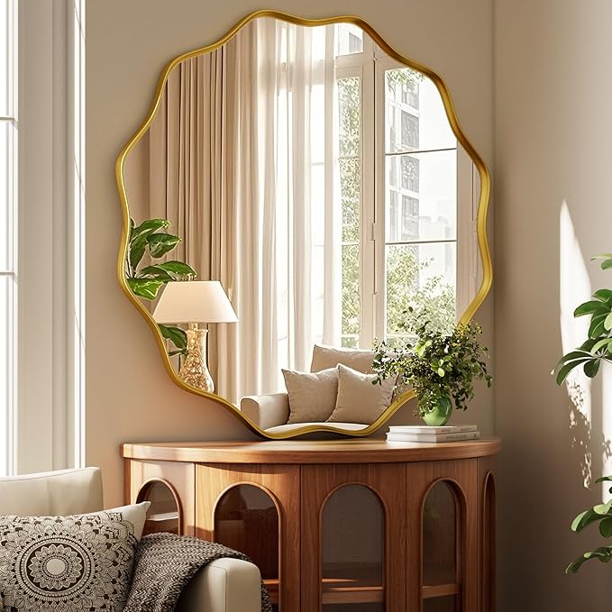 Round Wavy Mirror - 30 Inch Bathroom Vanity Mirror Metal Frame Circle Wall Mounted Mirror for Bedroom Living Room Entryway, Gold