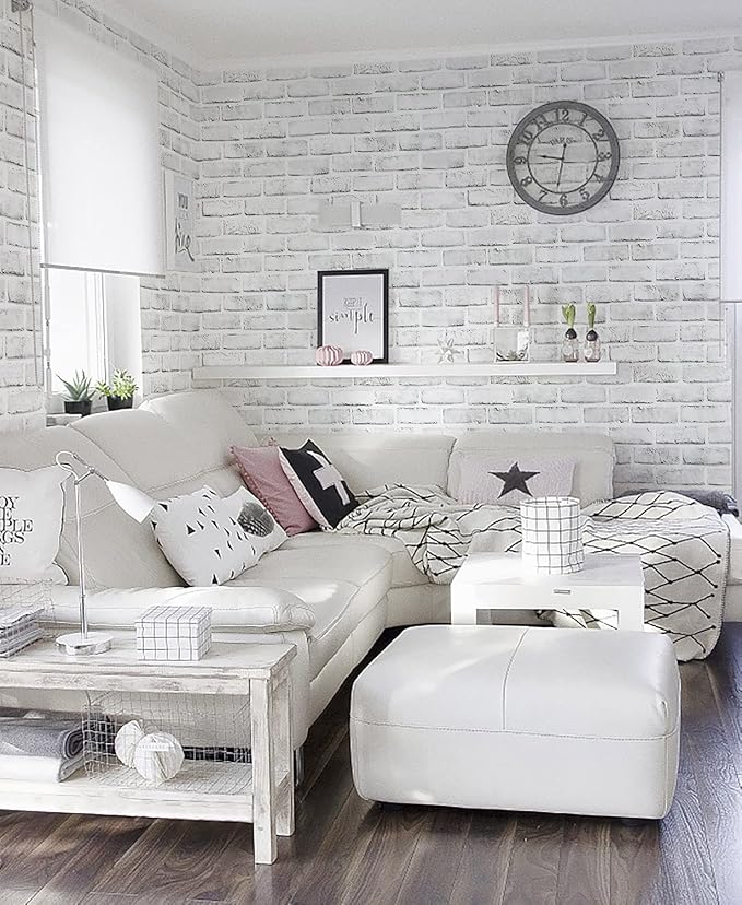 Timeet Peel and Stick Wallpaper Brick Contact Paper White Grey 3D Wall Paper Self Adhesive Removable for Bedroom Bathroom Living Room Decoration 17.7in x 78.7in