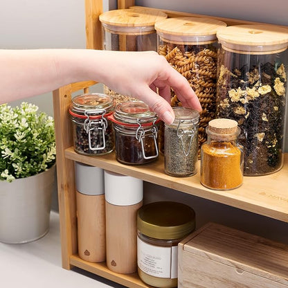 Navaris Bamboo Rack Organizer Shelf - 3-Tier Adjustable Shelves for Spice Storage Kitchen Pantry Bathroom Counter - 16.3" Wide x 19.5" High x 7" Deep