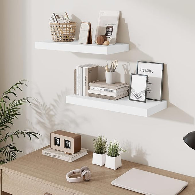 Fun Memories 24 x 10 Floating Shelves Wall-Mounted - Rustic Wood Shelf - 10 Inch Deep Floating Shelves for Wall - Large Storage Shelf for Bathroom - Kitchen & Bedroom - White - Set of 2