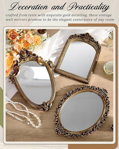 3 Styles Vintage Gold Mirror Set Wall Decorative, Vintage Wall Mirror Antique Hanging and Tabletop with Stand for Living Room Bedroom Dresser, Classic Home Wedding Decor(Classic Style)