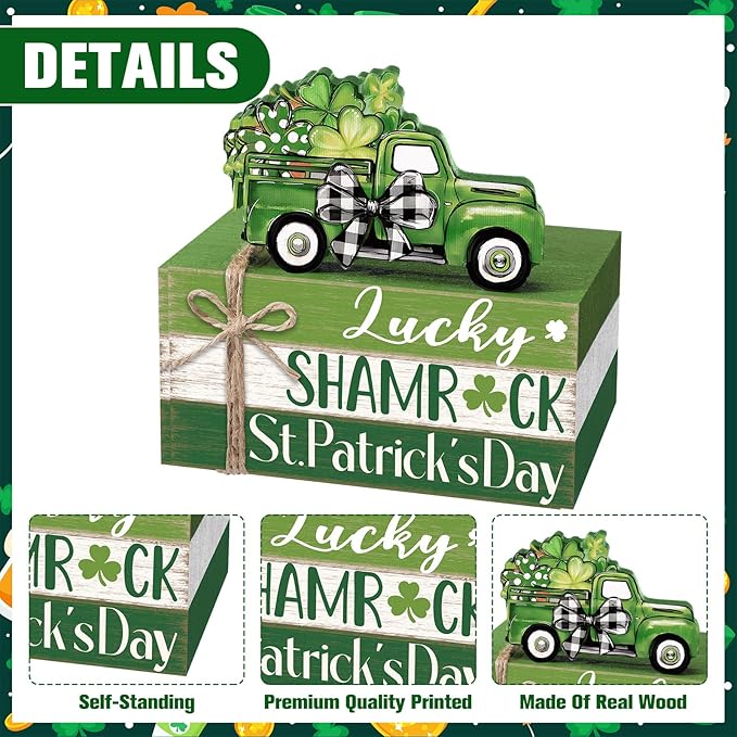 Geelin 4 Pcs St. Patrick's Day Table Decorations Wooden Shamrocks Rustic Tiered Tray Decor with Green Truck, Irish Farmhouse Shelf Centerpiece for Home Kitchen Living Room Holiday Decoration