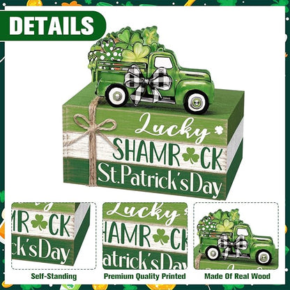 Geelin 4 Pcs St. Patrick's Day Table Decorations Wooden Shamrocks Rustic Tiered Tray Decor with Green Truck, Irish Farmhouse Shelf Centerpiece for Home Kitchen Living Room Holiday Decoration