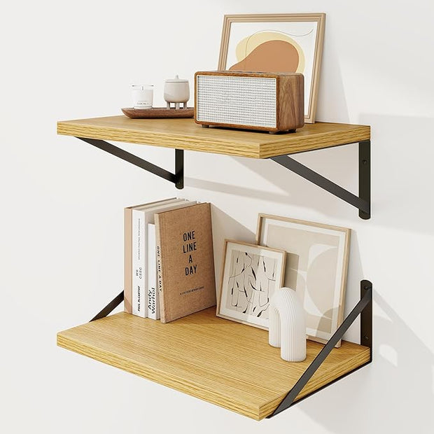Floating Shelves, 12 Inch Deep Rustic Wood Wall Storage, 16W x 12D Wall Shelves Set of 2, Heavy Duty Metal Brackets, Large Industrial Book Shelf for Living Room, Kitchen, Bedroom, Oak