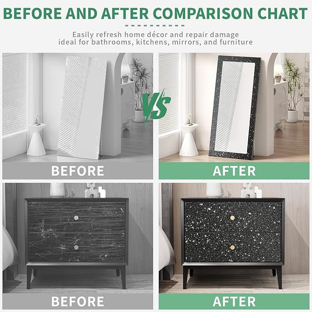 Peel and Stick Wallpaper Borders 390” x 4” Self Adhesive Mirror Frame Border Glitter DIY for Kitchen Bathroom Mirror Removal Border Sticker Wall Decor Cover 10.8 Sq.Ft, Black Glitter