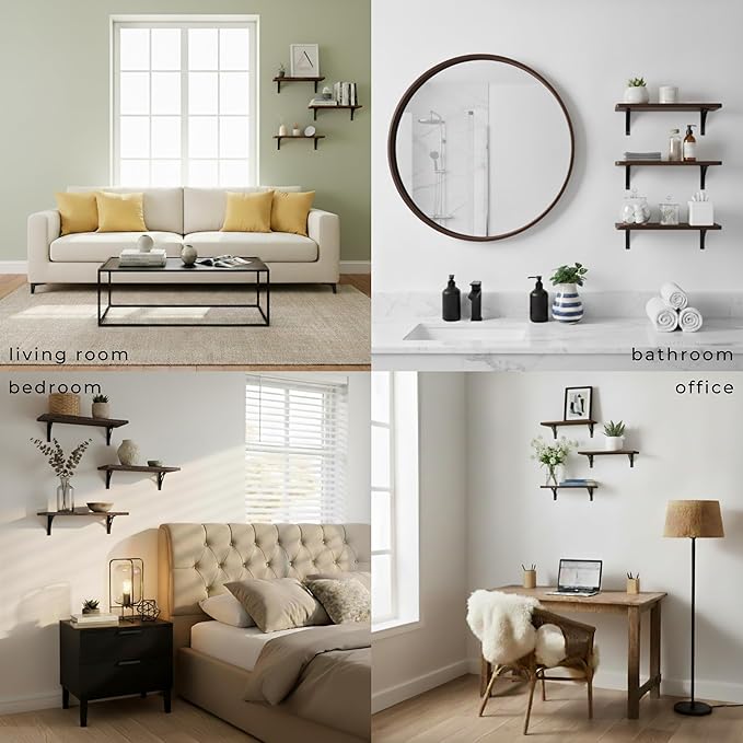Willowy Reinforced Steel Bracket Rustic Brown Shelves - Easy to Install, Template and Video Included - Deep Large Wall Shelves for Bedroom, Open Kitchen Shelves for Wall