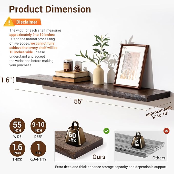 fuqing Solid Elm Wood Floating Shelves for Wall 55 Inch - 9 Inch Deep Live Edge Floating Wall Shelves - Rustic Natural Wooden Shelves with Heavy Duty Brackets and Anchors