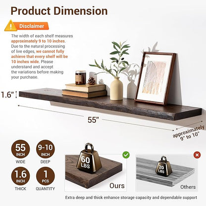 fuqing Solid Elm Wood Floating Shelves for Wall 55 Inch - 9 Inch Deep Live Edge Floating Wall Shelves - Rustic Natural Wooden Shelves with Heavy Duty Brackets and Anchors