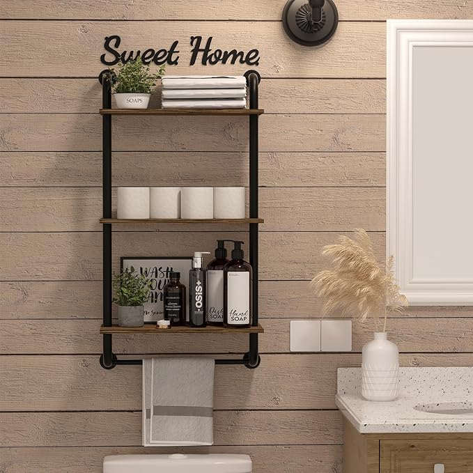 Bathroom Shelves Wall Mounted, 3-Tier Rustic Wood Wall Shelf, 17.3 inch Industrial Pipe Floating Shelf for Bathroom,Kitchen,Bedroom,Living Room,Brown