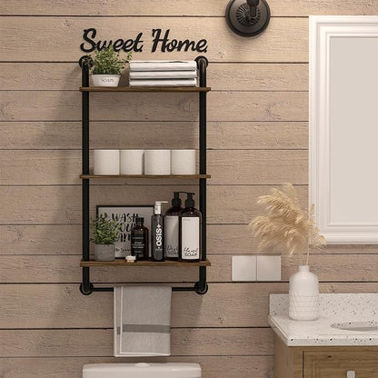 Bathroom Shelves Wall Mounted, 3-Tier Rustic Wood Wall Shelf, 17.3 inch Industrial Pipe Floating Shelf for Bathroom,Kitchen,Bedroom,Living Room,Brown