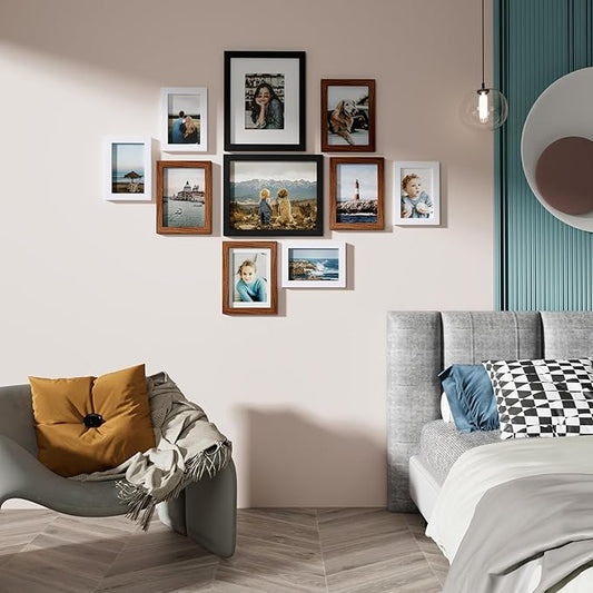 Vittanly 10 Pack Picture Frames, Picture Frames Collage Wall Decor with Two 8x10, Four 5x7 and Four 4x6 Photo Frames, Gallery Wall Frame Set for Wall or Tabletop Display, Black, Walnut Brown and White