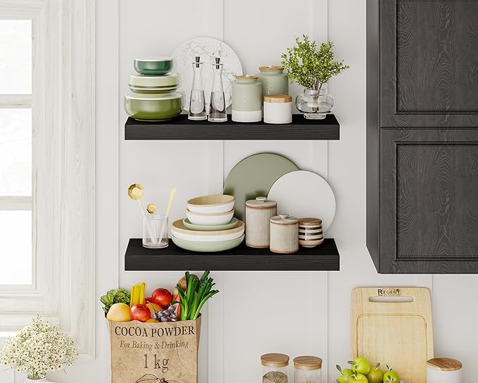 Fixwal 15.8in Black Floating Shelves, Set of 6 Wood Shelves, Farmhouse Shelf Wall Decor for Bathroom, Bedroom, Living and Kitchen Room