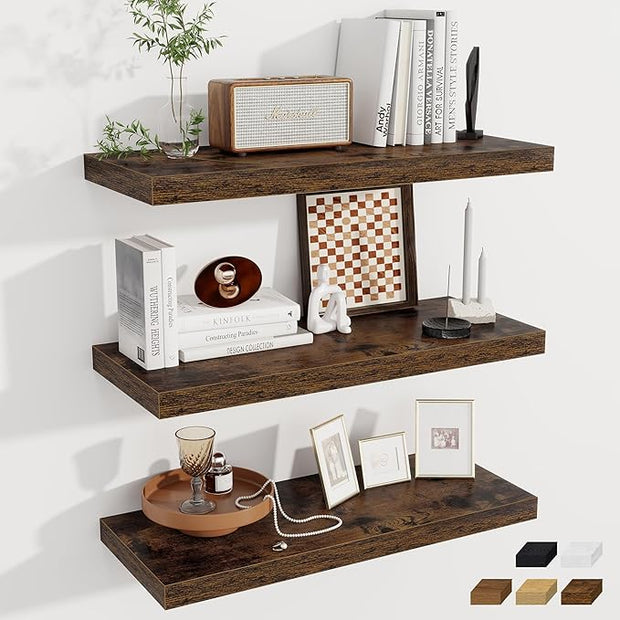 Fun Memories 12 Deep Floating Shelves for Wall | 30W x 12D Large Floating Shelves | 3 Pack Storage Space Wall Mount Shelf for Living Room Bathroom Toilet Laundry Room Kitchen Home Office - Brown