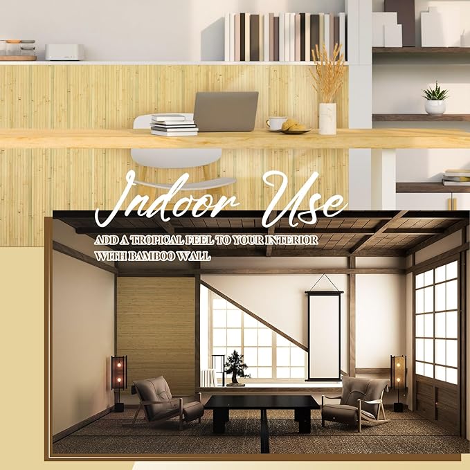 Juexica 1 Pcs Natural Bamboo Wall Panel for Interior Wall 48''x96'' Bamboo Covering Renewable Pole Wainscoting Room Divider Wrap Decor for Bedroom Living Room Kitchen Island Office (Natural)