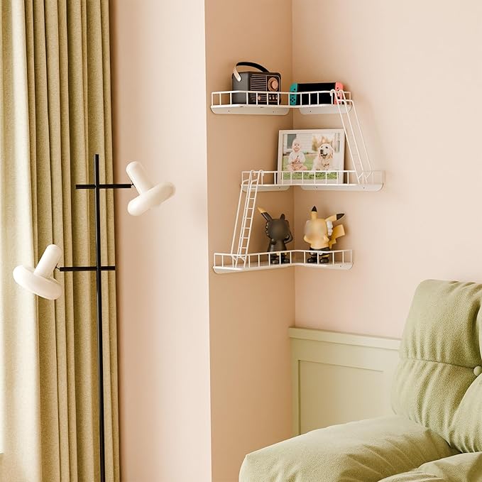 Fire Escape Wall Shelf - Modern City Style 3-Tier Corner Wall Shelves, Easy to Install Metal Ladder Shelf for Figures, New York Decorative Shelves for Bathroom, Living Room & Home Decor,White