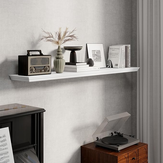 Fun Memories Floating Shelves 55 Inch Long, 9.3 Inch Deep Classic Crown Molding Floating Shelves for Wall, Rustic Wooden Shelves for Wall Decor Bathroom, Kitchen, Office, (White, 1Pack)