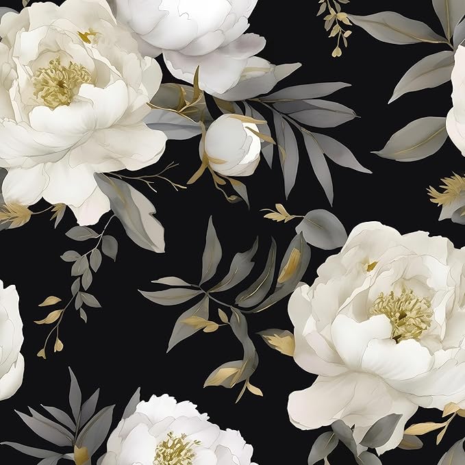 Dark Floral Wallpaper Peel and Stick Boho Wallpaper 17.5in x393in White Floral Contact Paper Self Adhesive Waterproof Vintage Flowers Wall Paper for Bedroom Walls Countertop(White,Golden)
