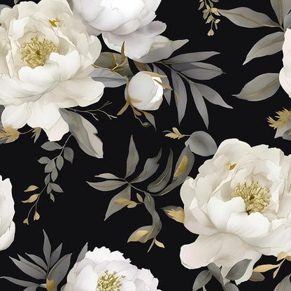 Dark Floral Wallpaper Peel and Stick Boho Wallpaper 17.5in x393in White Floral Contact Paper Self Adhesive Waterproof Vintage Flowers Wall Paper for Bedroom Walls Countertop(White,Golden)
