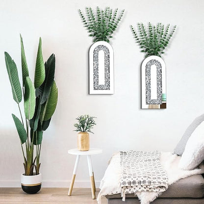 Crushed Diamond Mirrored Wall Decor Vase Crystal Silver Mirror Flower Vase Stunning Decor Glass Hanging Planter for Home Decor Living Room Dining Bedroom Hallway Wall Decor.Can't Hold Water(2 Set)