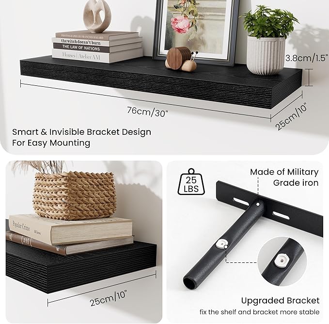 Fun Memories Floating Shelves for Wall, 30 Inch Long Floating Shelves Set of 2, 30 x 10 Wooden Shelves for Wall, Large Storage Shelves, Hanging Shelves for Bathroom Kitchen Bedroom, Black