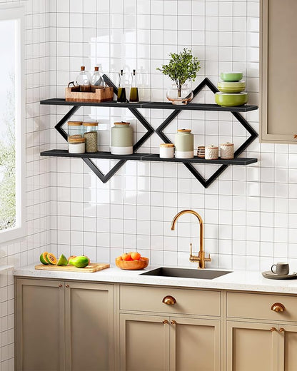 Floating Shelves, Set of 2 Wall Shelves, 2-Tier Hanging Shelves, Wall Shelf Set of 2, Wall Mounted Shelves, for Living Room, Bedroom, Kitchen, Office, Study, Black TBJ01P2BB