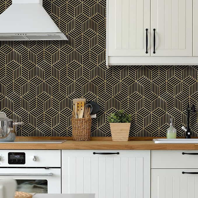 WENMER Black and Gold Geometric Wallpaper, 17.7